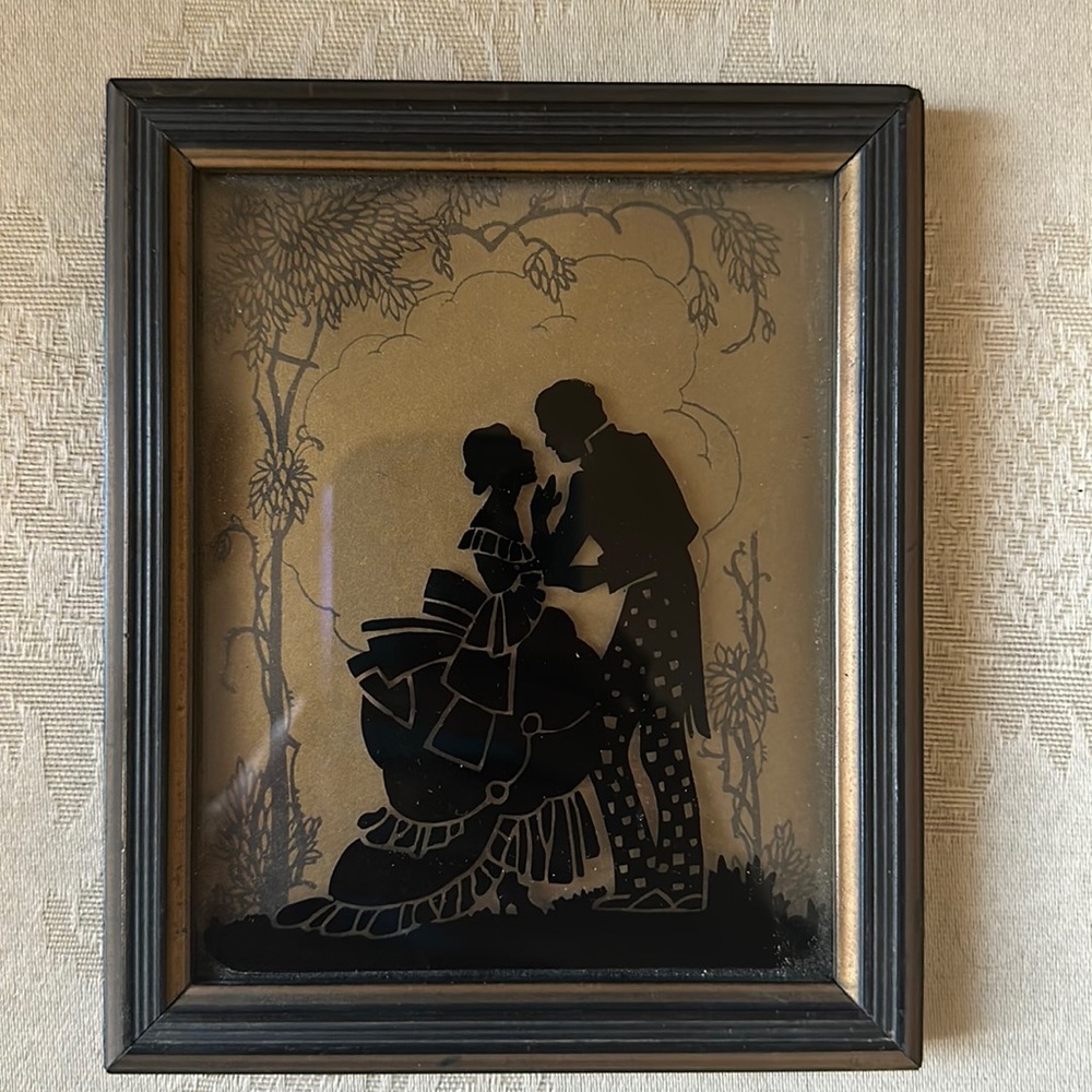 “Sweethearts” vintage 1933 painted glass silhouette, Art Nouveau drawing